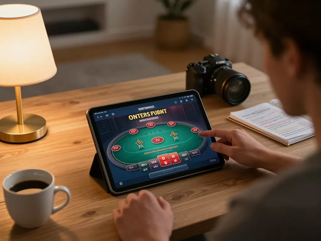 Engaging with 99win poker game interface on tablet in a cozy home setup