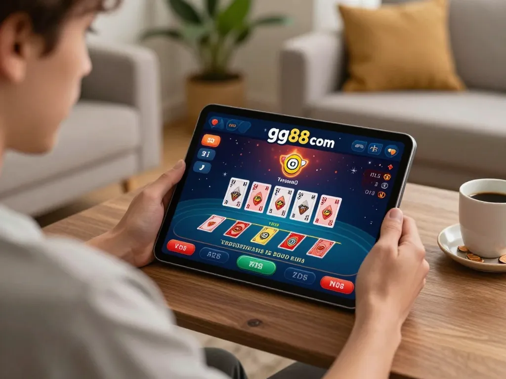 Player interacting with gg88 com live casino game on a tablet from cozy home.