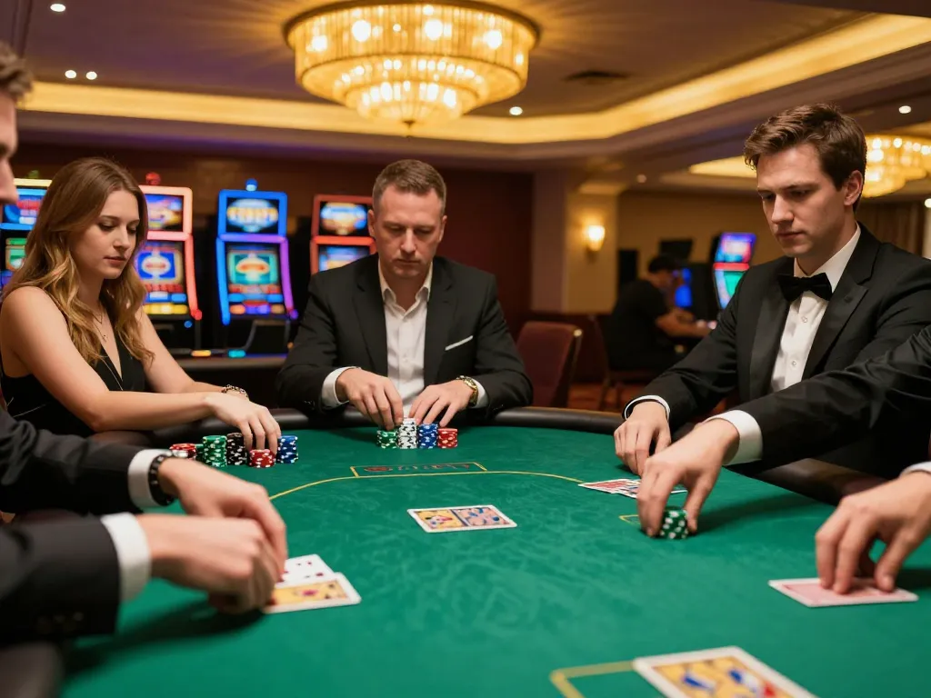 Engaging poker gameplay at a luxury casino, highlighting strategic actions on https://rikvip75.com/ with players immersed in the game.