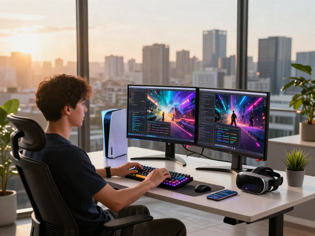 Engaging workspace showcasing rokok88 gaming setup with dual monitors, ergonomic chair, and vibrant city view.