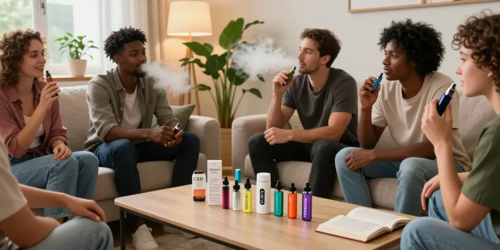 Enjoying cheap disposable vapes and CBD products at a social gathering highlighting wellness.
