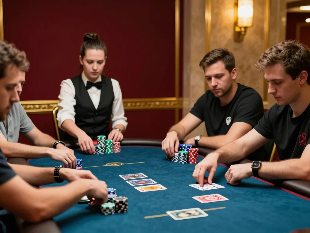 Players strategizing with dark web links during an intense poker game at an upscale casino.