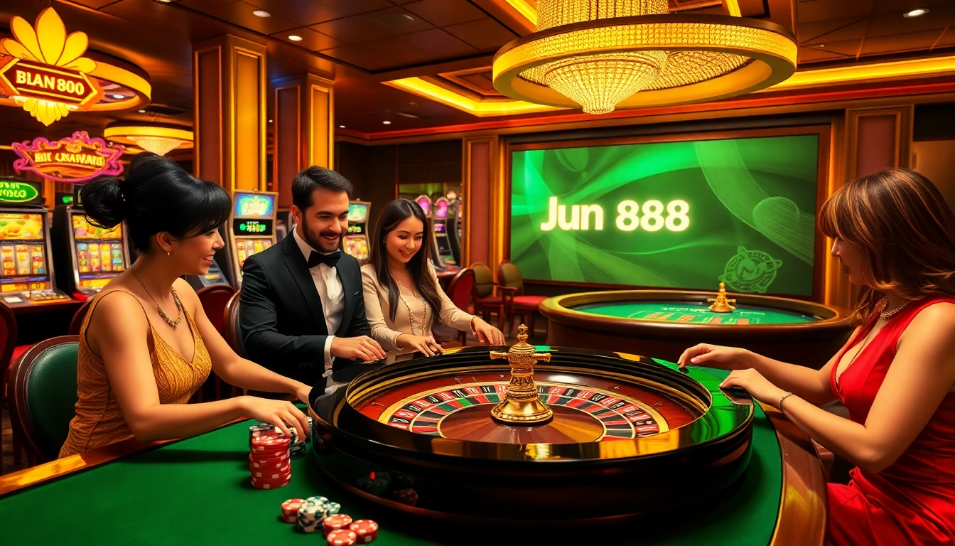 Experience excitement at Jun888 casino with players enjoying roulette and baccarat.