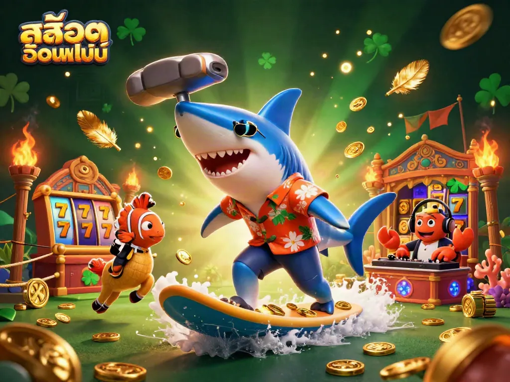Spin the reels of exciting สล็อตออนไลน์ with a surfing shark and vibrant casino elements.