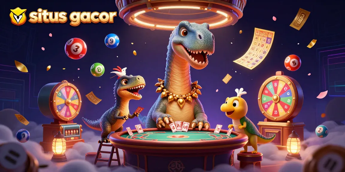 Engage with situs gacor in this vibrant 3D scene featuring a dinosaur and a clever raptor dealing cards.