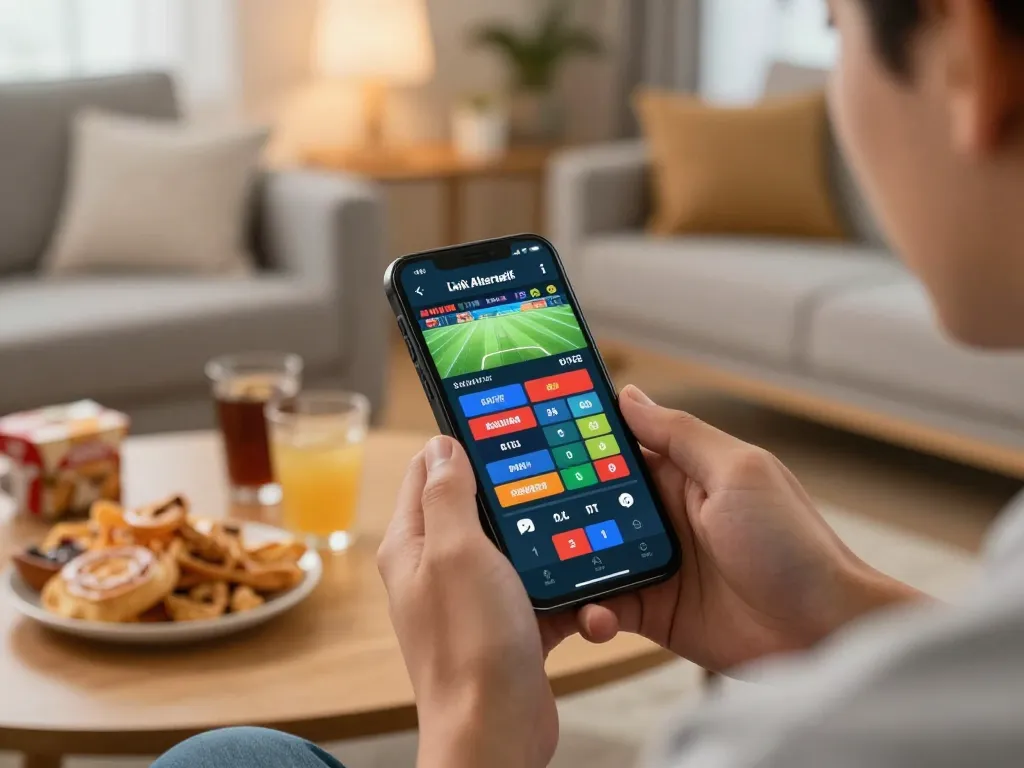 Betting on sports with Link Alternatif on a smartphone, surrounded by snacks.