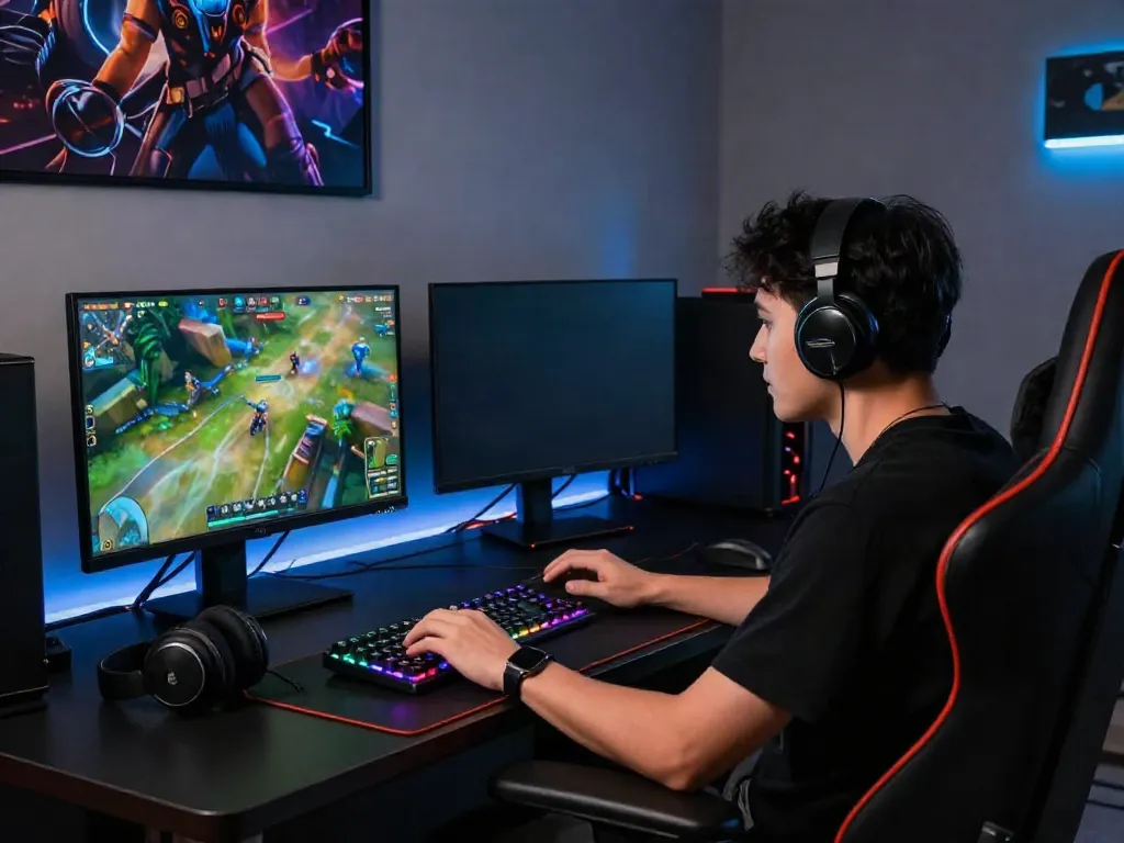 Gamer fokus memainkan JAWARASLOT di ruang permainan modern dengan monitor cerah dan kursi gaming nyaman.