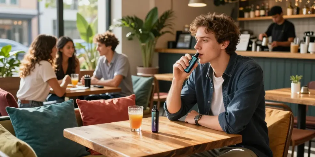 Young adult enjoying Hitz infinity Gen 7 vape in a trendy café.