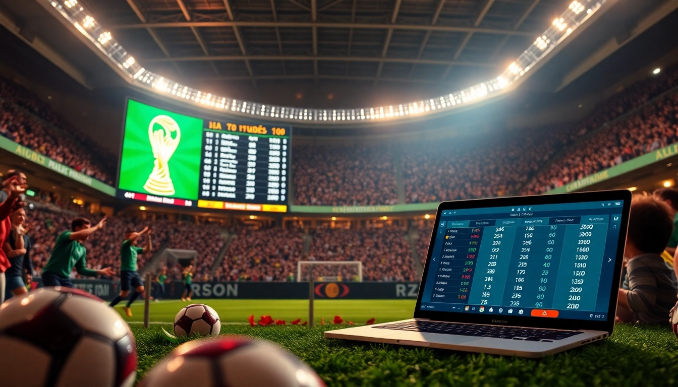 Exciting sports betting scene showcasing real-time tỷ lệ kèo for football fans in a stadium.