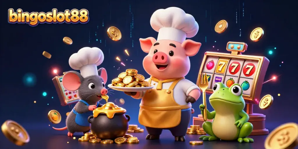 Rasakan keseruan bingoslot88 dengan karakter koki babi, tikus, dan katak di dunia kasino yang memukau.