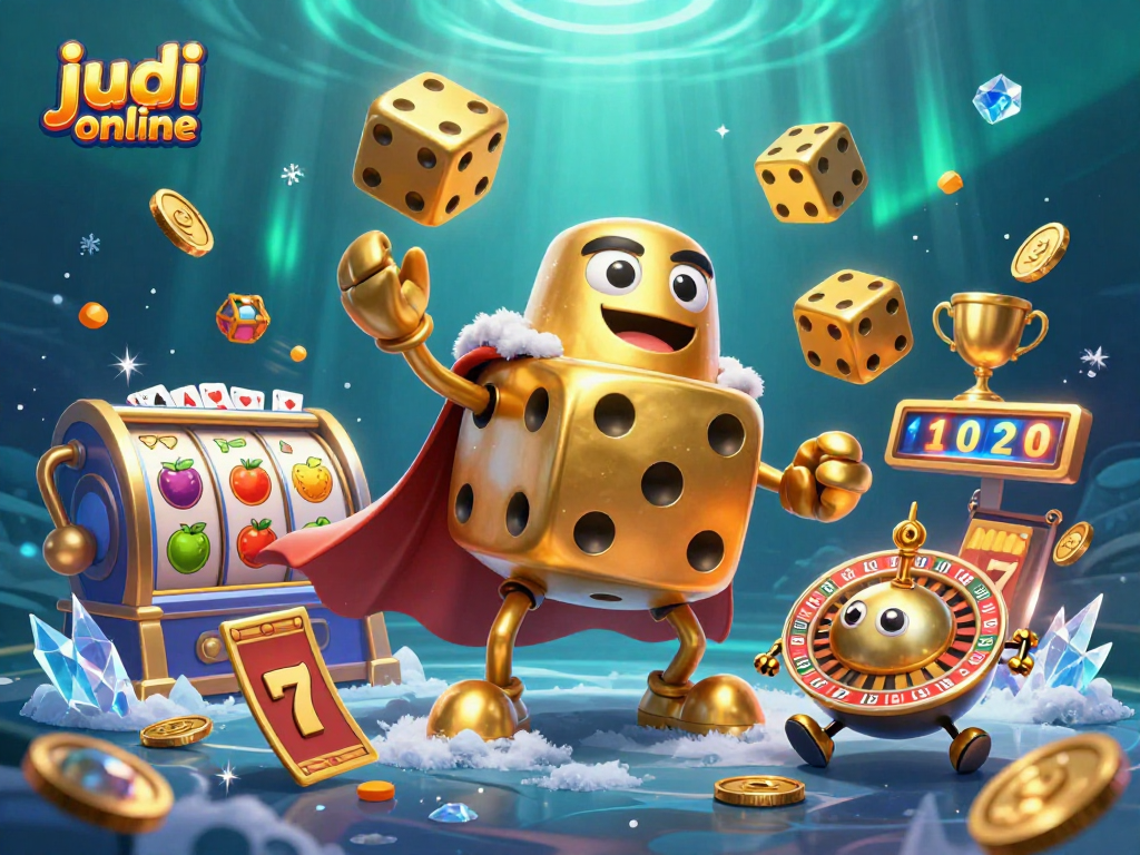 Engage in judi online excitement with a vibrant 3D casino scene featuring dynamic characters and elements.