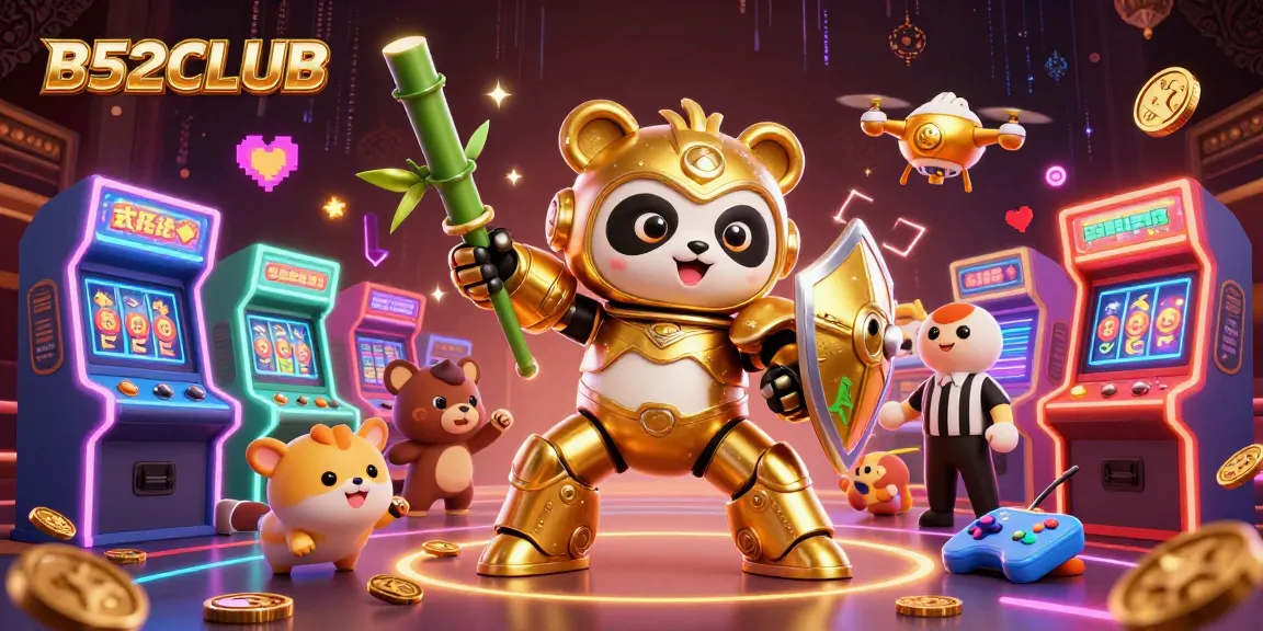 B52CLUB reveals an ultra-detailed 3D scene with a golden panda mech robot combatting in a vibrant casino arena.