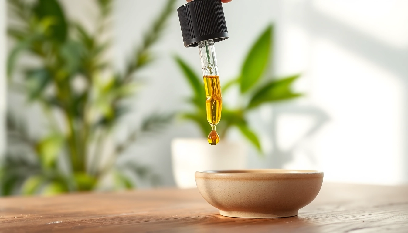 Show a CBD Oil dropper releasing golden oil into a dish, symbolizing natural wellness.
