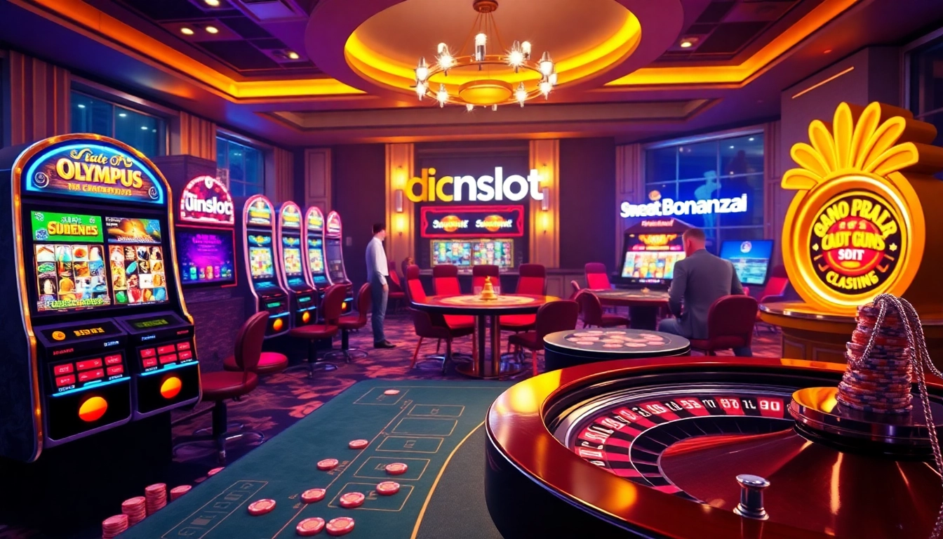 idnslot players excitedly engaging with vibrant casino slots and games in a luxurious setting.