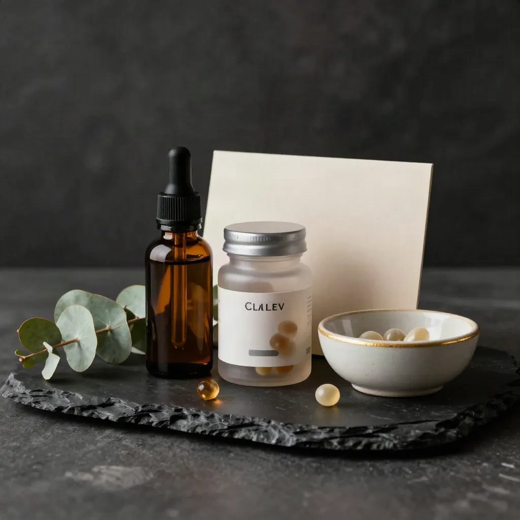 CBD tincture, gummies, and softgels bundle with eucalyptus on a dark stone surface