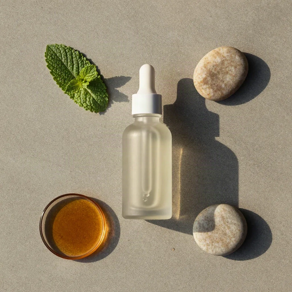 Overhead tincture bottle, dropper, mint leaf, amber dish and stone on concrete.