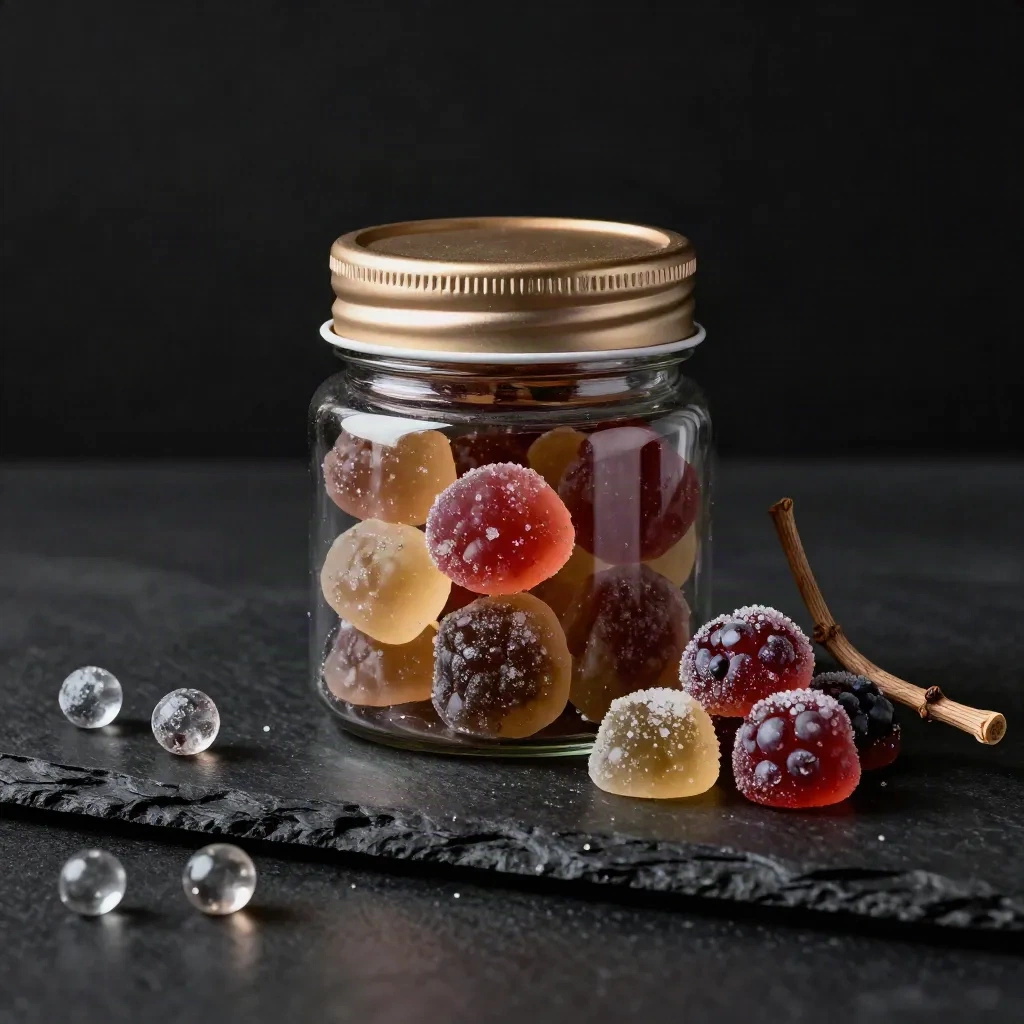 Berry gummies jar with cedar twig and frosted beads on dark slate