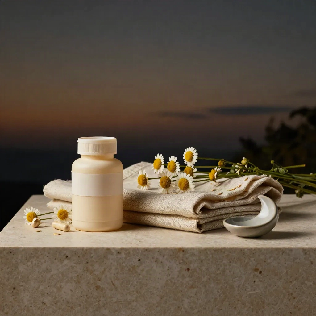 CBD sleep support capsules beside linen, chamomile stems, and a ceramic moon dish