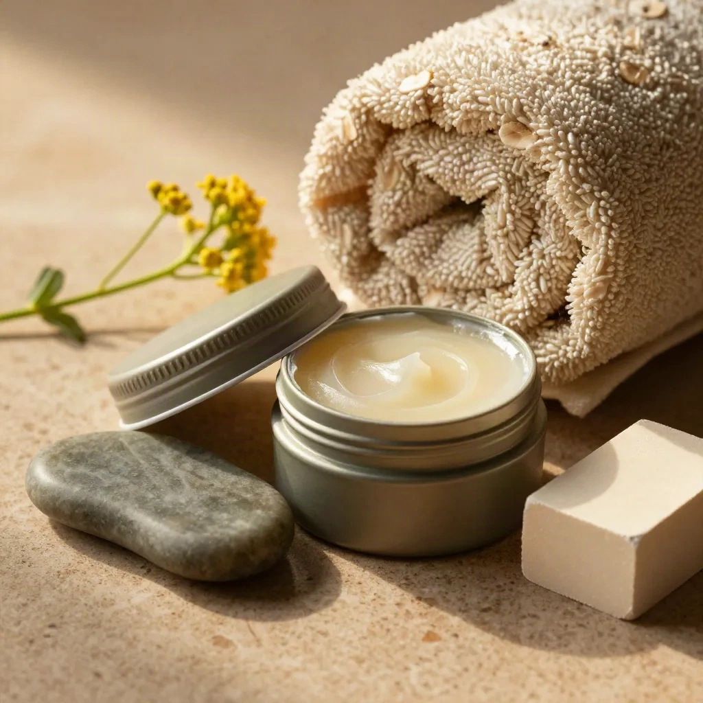 CBD muscle balm tin with towel, massage stone, arnica sprig and plaster block on travertine.