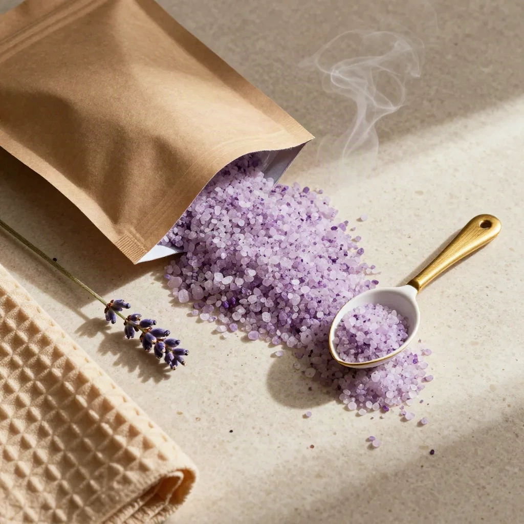 Overhead bath soak pouch, salt spill, waffle cloth, lavender stem and enamel scoop on travertine.