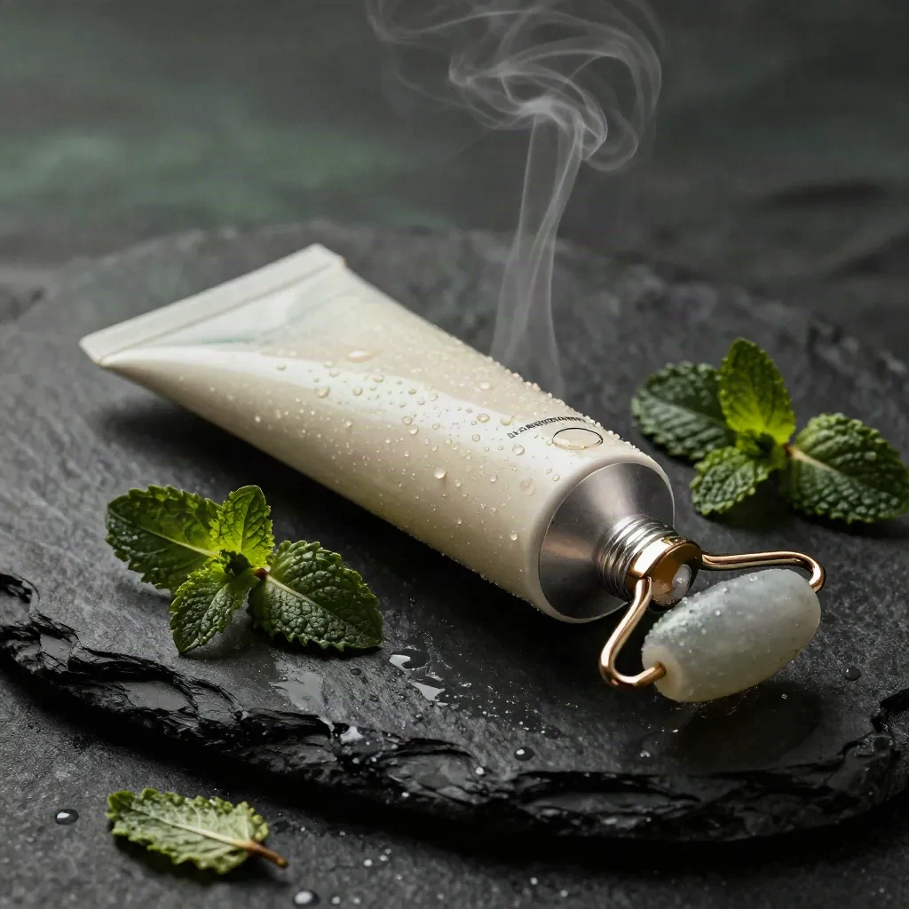 Cooling hemp gel tube with glass roller on wet slate, mint and cold vapor