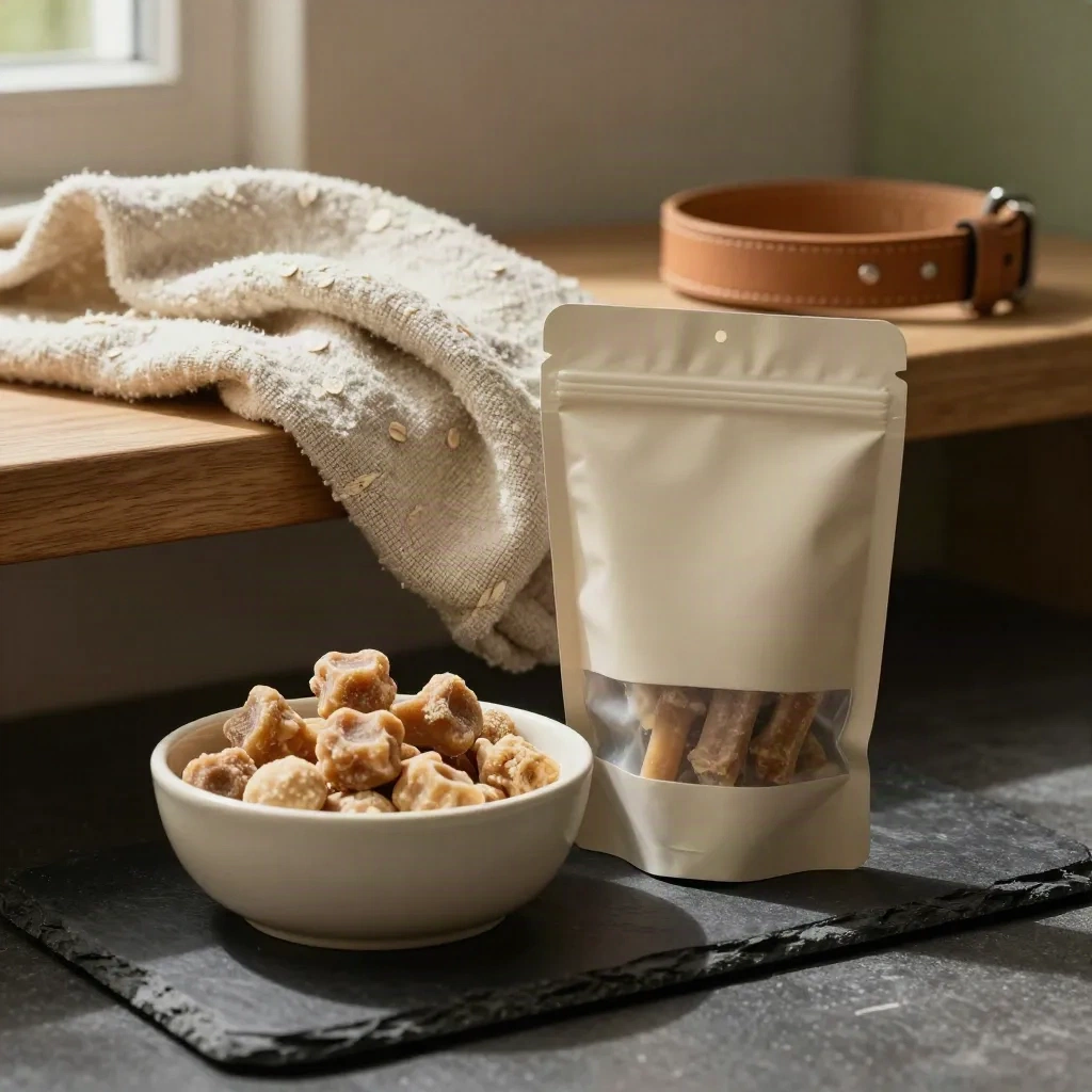 Dog chew pouch and ceramic bowl on a linen blanket in a calm pet nook.