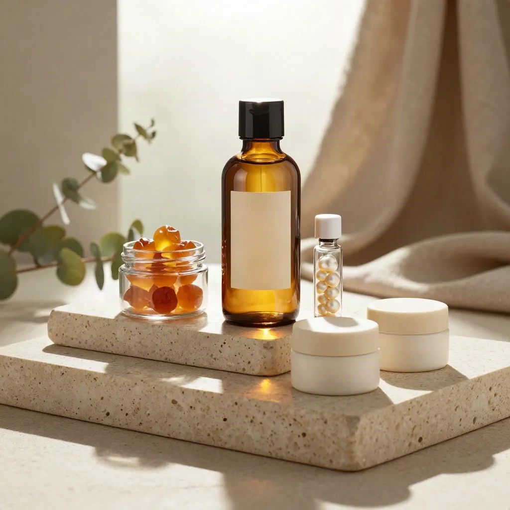 CBD tincture, gummies, capsules, and balm jars on travertine risers with warm gold glow