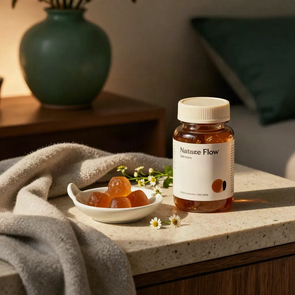 Sleep gummies jar with chamomile, crescent dish and wool throw on a travertine bedside.