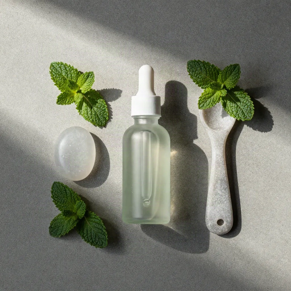 Peppermint tincture bottle with mint leaves, frosted glass pebble, and stone spoon on concrete.