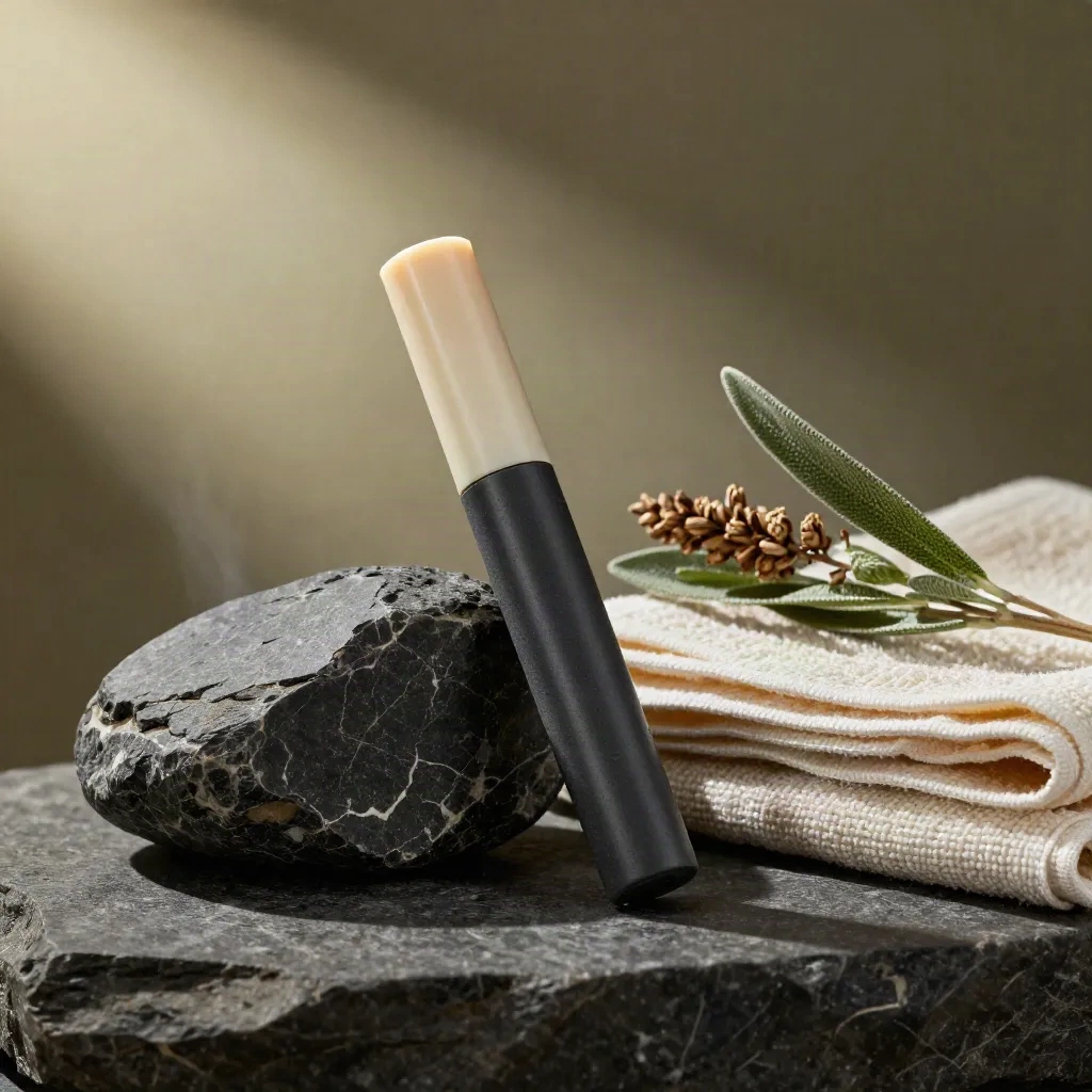Recovery rub stick beside basalt stone, towel and herbs in a premium studio hero still life