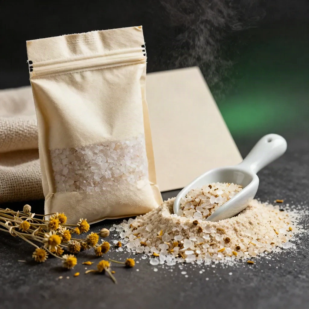 Macro of chamomile bath salts pouch, ceramic scoop, and chamomile heads on linen with a soft green glow.
