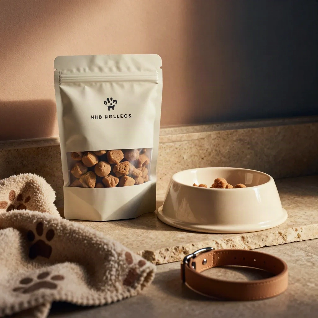 Pet calm bites pouch beside a ceramic bowl and cozy paw-print blanket in warm daylight.