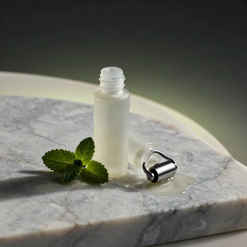 Frosted roll-on gel bottle on marble with mint leaf, condensation and cold vapor