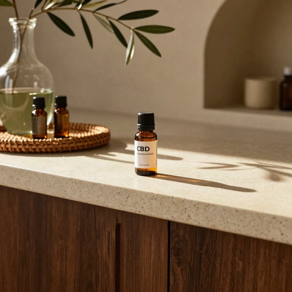 CBD oil bottles on a travertine counter with olive branches and soft morning light