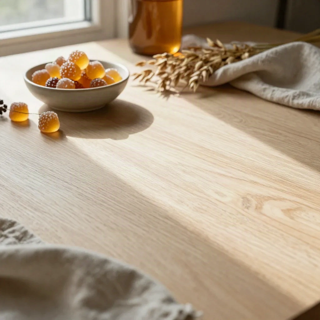 Pale oak table with a blurred ceramic bowl, berry stems, and a linen runner in soft window light.
