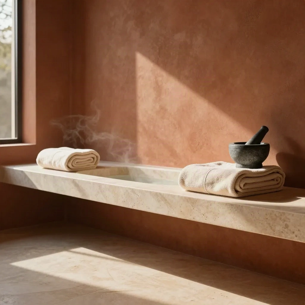 Stone spa ledge with rolled towels, an arched niche, and graphite mortar in sunlit haze.