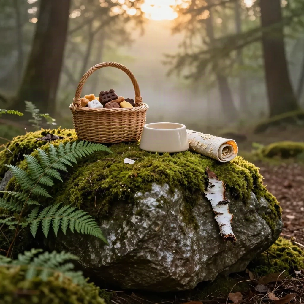 Mossy forest rock with basket of pet treats and a blurred bowl in soft mist