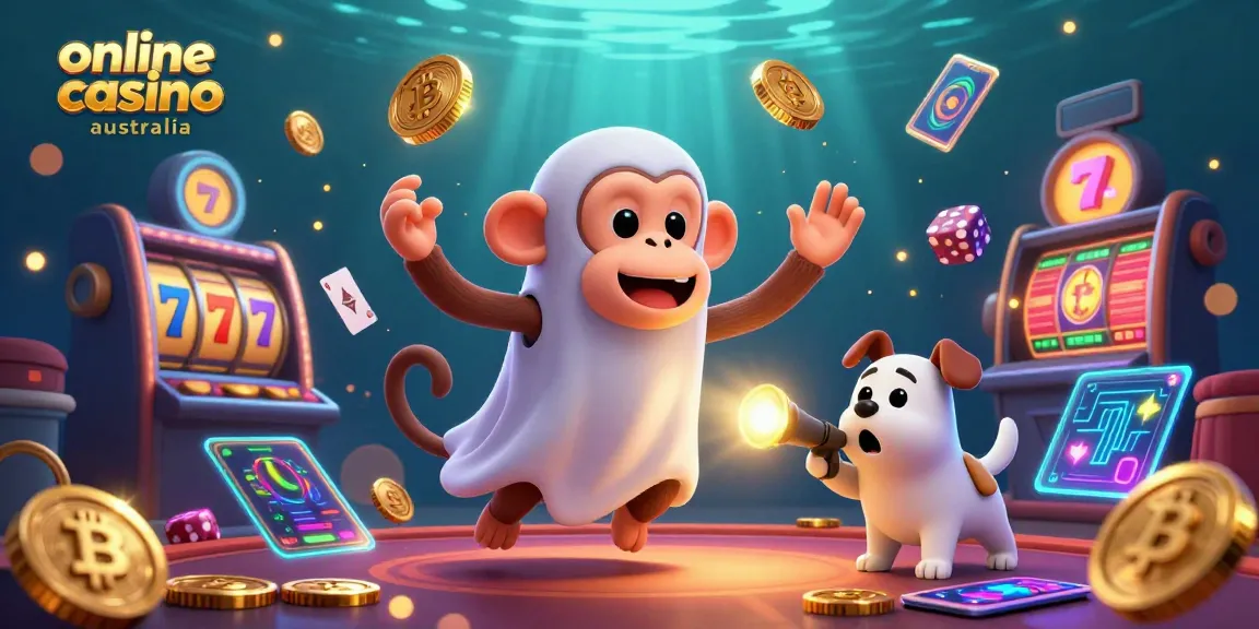 A playful ghost-hunter puppy tracks a mischievous poltergeist monkey juggling coins and cards in a vibrant online casino australia scene.