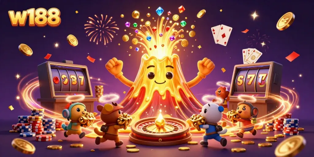 Engage with w188's exciting casino games, featuring a vibrant eruption of coins and treasure.