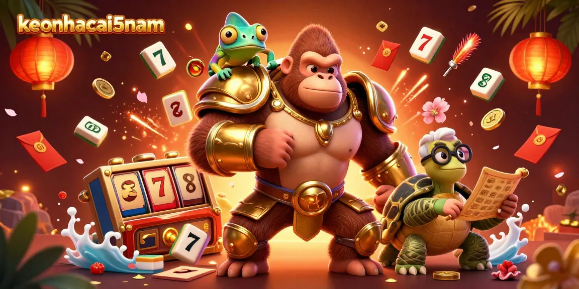 Engage with keonhacai5nam through vibrant, dynamic illustrations of slot reels and a gorilla king in battle armor.