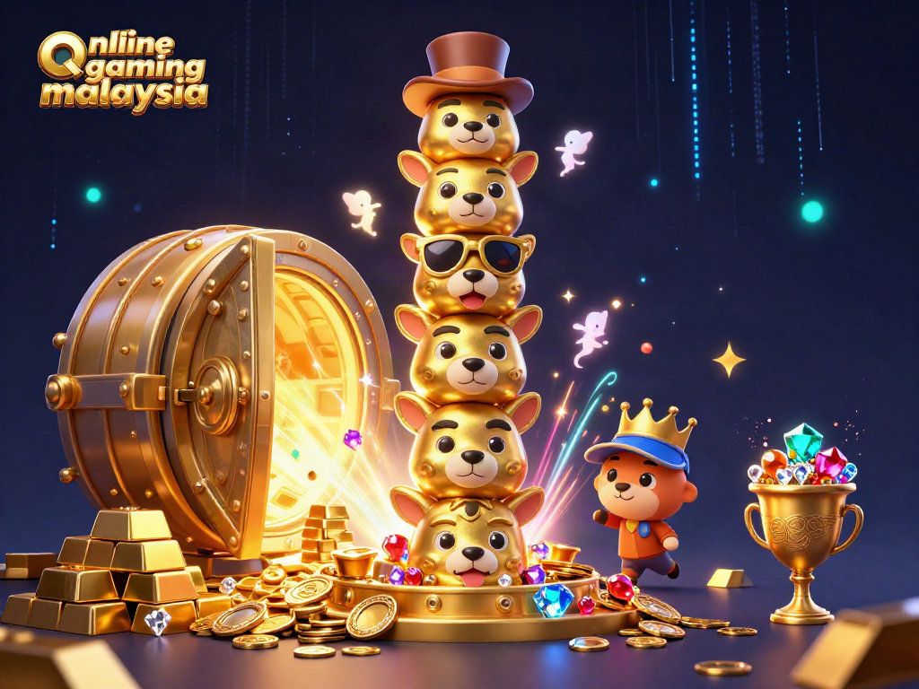 Experience online gaming malaysia in this vibrant 3D casino illustration with lively characters and treasure elements.