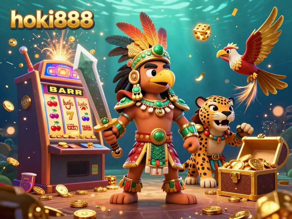Penggambaran slot gacor menarik dengan hoki888, menampilkan karakter Aztec dan simbol permainan yang dinamis.