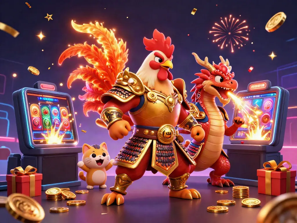 Engage in thrilling casino adventures as a rooster warrior, dragon hatchling, and fortune cat cheer amidst spinning reels and vibrant gaming elements.