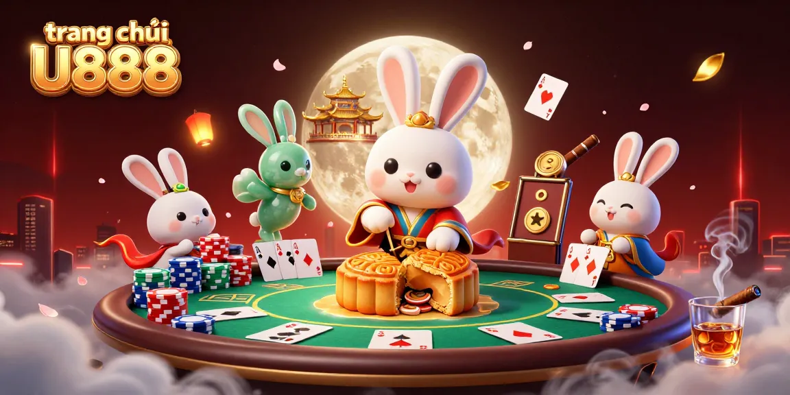 Experience the thrill at trang chủ U888 with a lively scene of poker action amidst a lunar festival backdrop.
