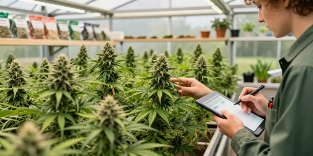 Explore next-generation genetics in cannabis cultivation, showcasing lush triploid plants in a modern greenhouse.