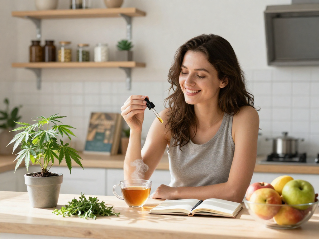 Order weed online for premium CBD oil, organic wellness products displayed in a bright kitchen scene.