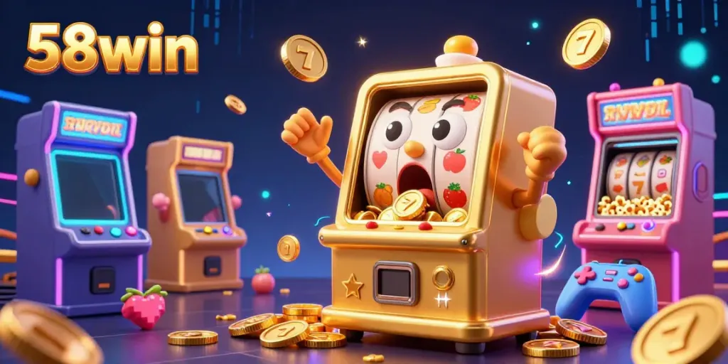 Experience the excitement of 58win with vibrant slot machines pouring coins, symbolizing big wins and fun gaming.