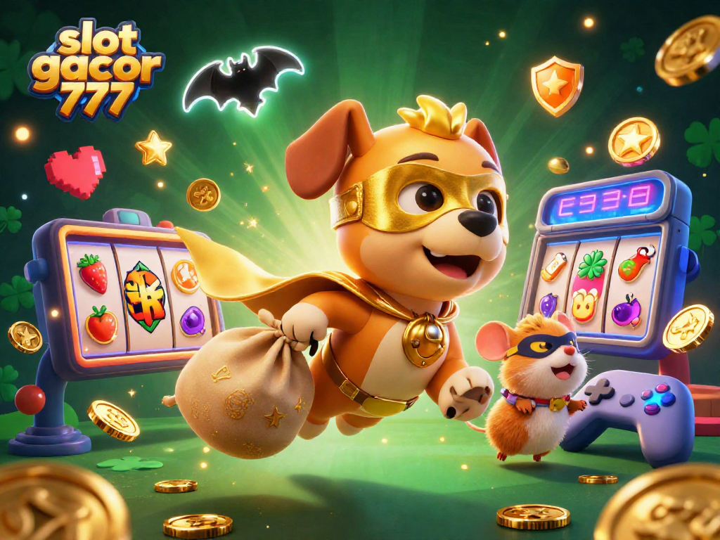 Experience the excitement of slot gacor 777 with a superhero dog flying with gold coins amidst colorful slot machines.