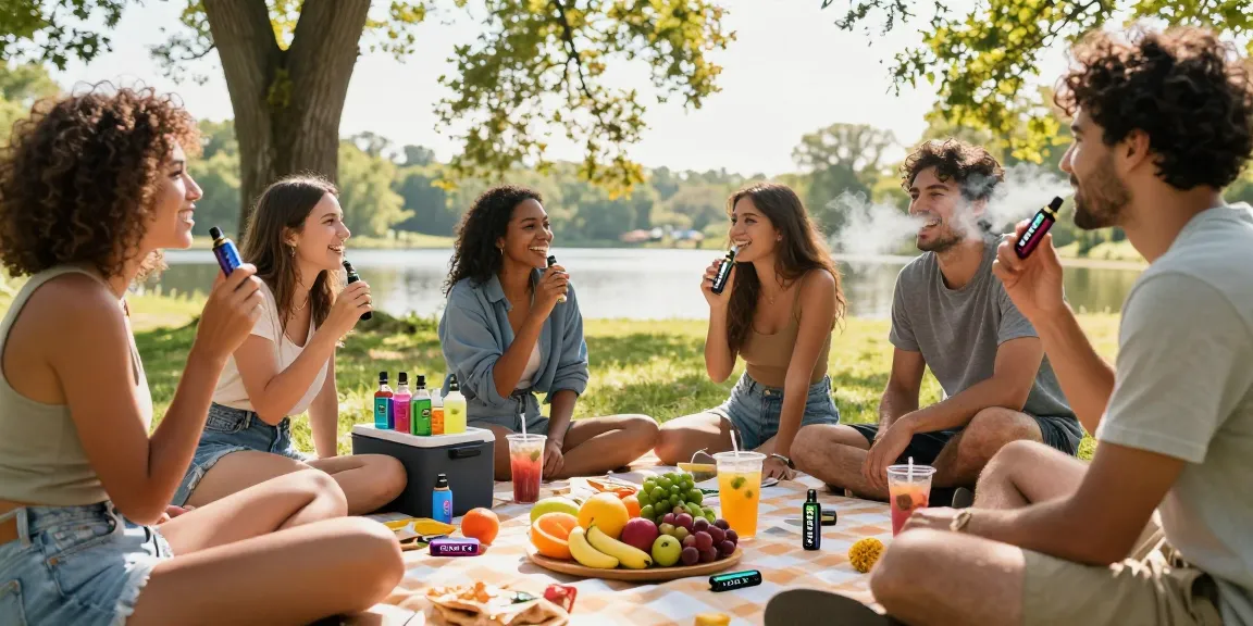 Friends enjoying GEEK Bar THC vape outdoors, surrounded by healthy snacks and a wellness atmosphere of natural elements.