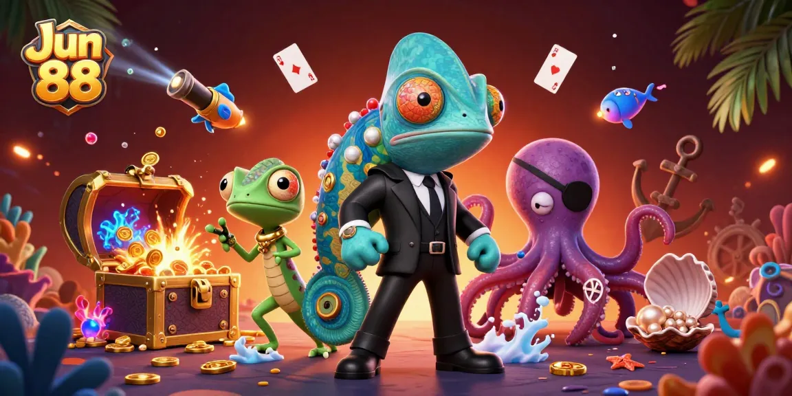 Engage with Jun 88's vibrant casino scene filled with treasure and dynamic characters.